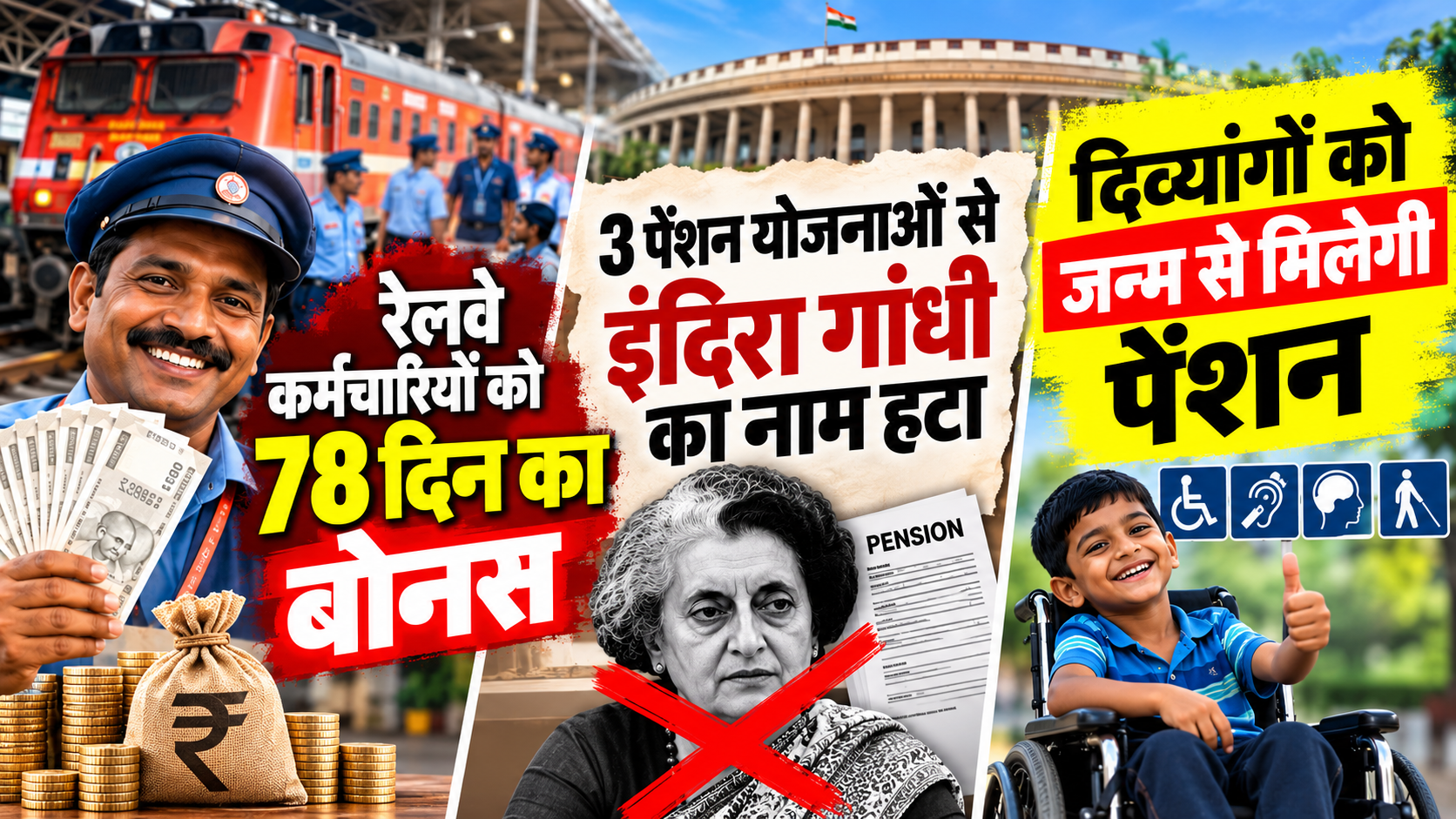 रेलवे कर्मचारियों को 78 दिन का बोनस, 3 पेंशन योजनाओं से इंदिरा गांधी का नाम हटा; दिव्यांगों को जन्म से मिलेगी पेंशन